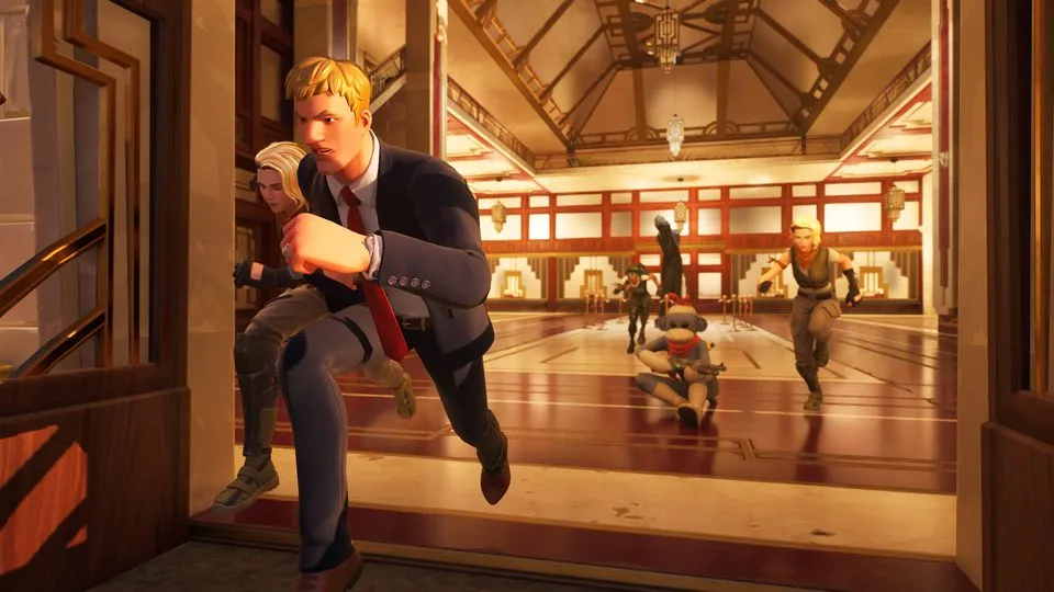 Players running out of the gallery hall in Art Heist
