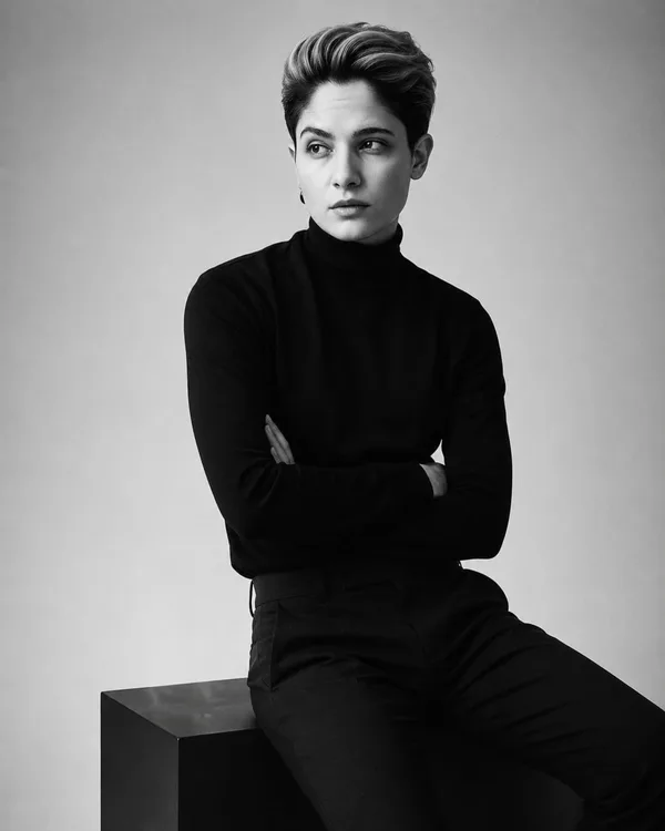 Portrait of Narmeen Marji in a black turtleneck, seated on a black plinth