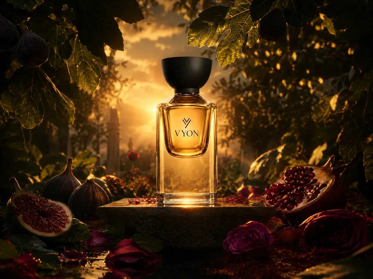 A VYON perfume bottle glowing on a stone plinth among figs and pomegranates